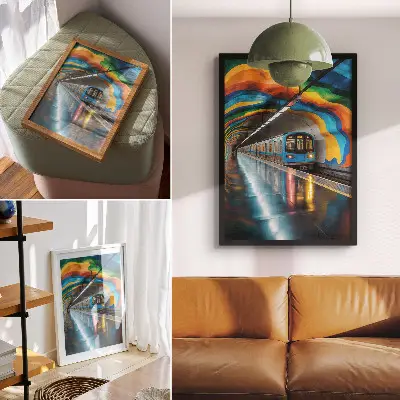 Decoratieve poster met levendige regenboogkleuren van het plafond boven de metro