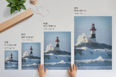 Wandposter Golven die tegen de vuurtoren slaan, hoog contrast, de kracht van de natuur