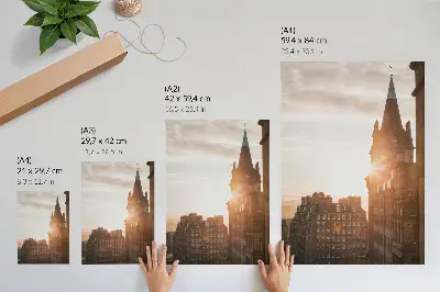 Decoratieve poster architectuur in warme tinten bij zonsondergang