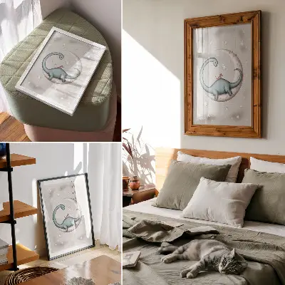 Decoratieve poster dinosaurus op de maan met sterren in pastelkleurige ruimte