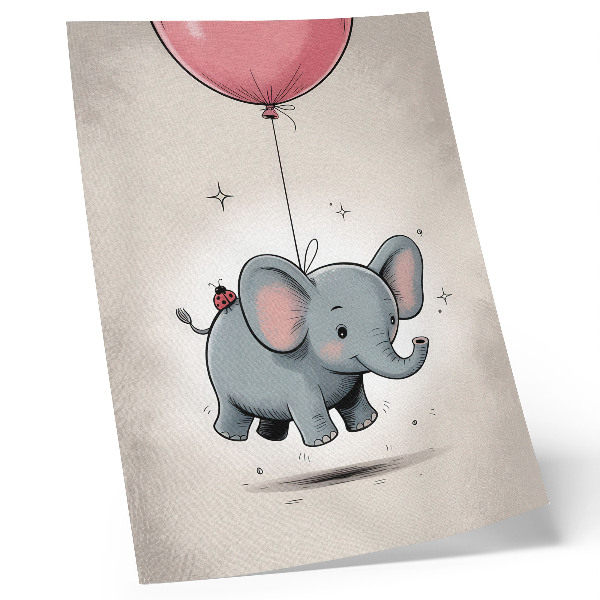 Wandposter Olifant met een ballon, vrolijkheid voor kinderen, roze