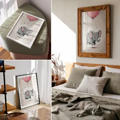 Wandposter olifant met ballon in roze voor in de kinderkamer