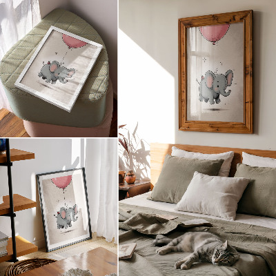 Wandposter Olifant met een ballon, vrolijkheid voor kinderen, roze