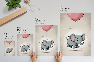 Wandposter Olifant met een ballon, vrolijkheid voor kinderen, roze