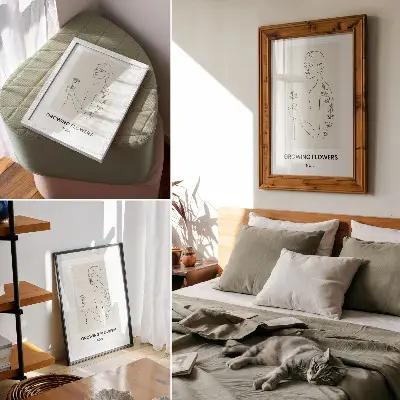 Wandposter lijntekening met figuur en bloem voor een eenvoudige en elegante uitstraling