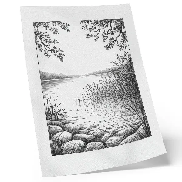 Decoratieve poster met een harmonieus landschap van een meer met bladeren en stenen