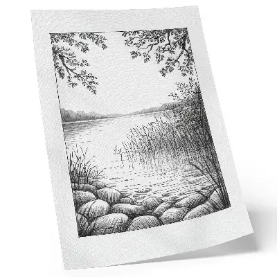 Decoratieve poster met een harmonieus landschap van een meer met bladeren en stenen