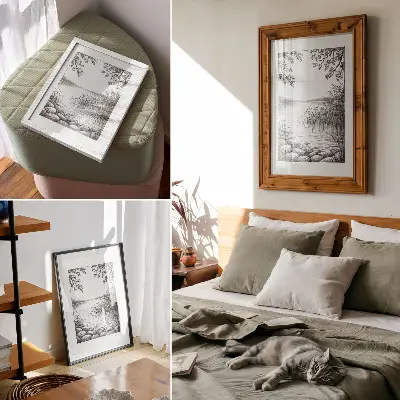 Decoratieve poster met een harmonieus landschap van een meer met bladeren en stenen