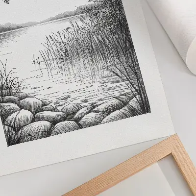Decoratieve poster met een harmonieus landschap van een meer met bladeren en stenen