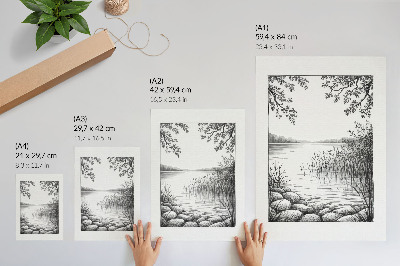 Decoratieve poster Landschap, meer, bladeren, stenen, harmonie, stilte