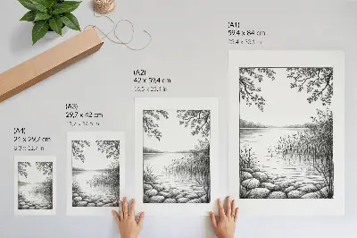 Decoratieve poster met een harmonieus landschap van een meer met bladeren en stenen