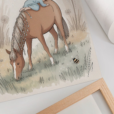 Wandposter Warme pastelkleuren babypaardje paardenbloemen