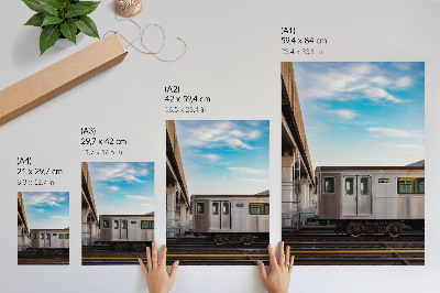 Wandposter Trein moderne brug hemelsblauwe kat