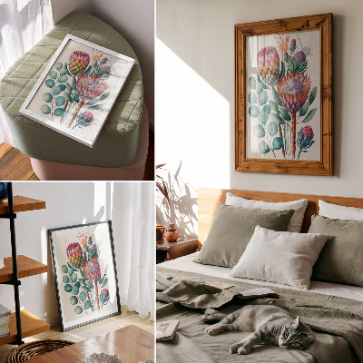 Decoratieve poster Exotische protea-bloemen met groene bladeren