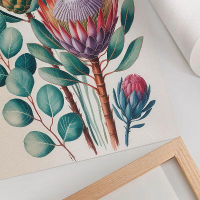 Decoratieve poster Exotische protea-bloemen met groene bladeren