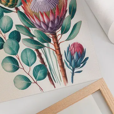 Decoratieve poster met exotische protea-bloemen en groene bladeren
