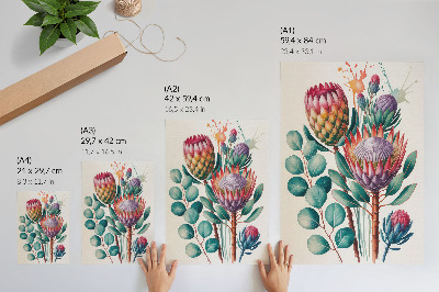Decoratieve poster Exotische protea-bloemen met groene bladeren