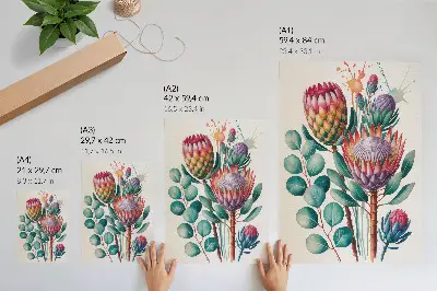 Decoratieve poster met exotische protea-bloemen en groene bladeren