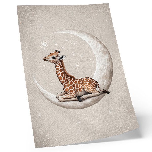Poster Een getekende giraffe op de maan, omringd door sterren.