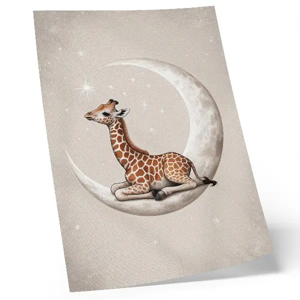 Poster getekende giraffe op de maan omringd door sterren