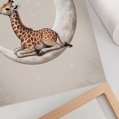 Poster Een getekende giraffe op de maan, omringd door sterren.