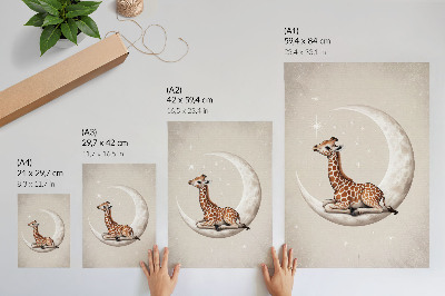 Poster Een getekende giraffe op de maan, omringd door sterren.