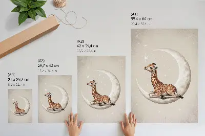 Poster getekende giraffe op de maan omringd door sterren