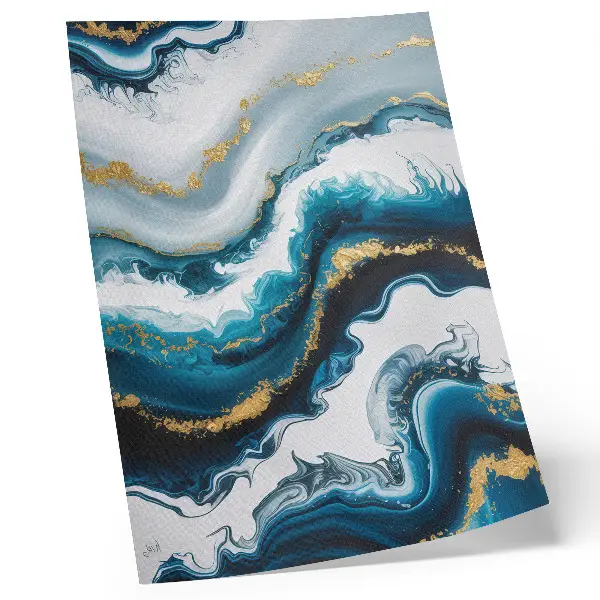 Decoratieve poster met turquoise golven en gouden accenten in een moderne stijl