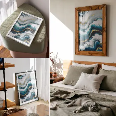 Decoratieve poster met turquoise golven en gouden accenten in een moderne stijl