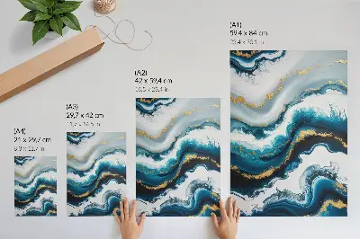 Decoratieve poster met turquoise golven en gouden accenten in een moderne stijl