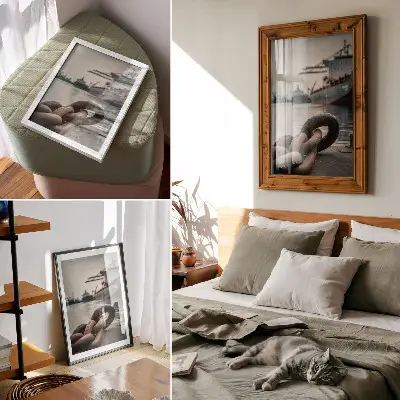 Decoratieve poster met een sfeervol havengezicht vol schepen en industriële invloeden
