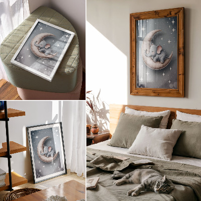 Poster Slapende olifant op de maan in pastelkleuren