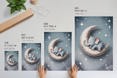 Poster Slapende olifant op de maan in pastelkleuren