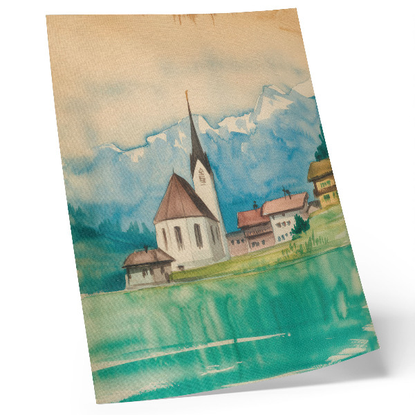 Decoratieve poster Kerk in de bergen, aquarel, vrede, natuur