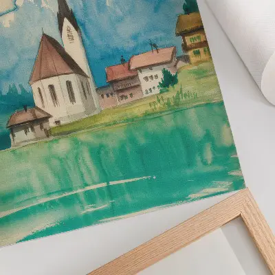 Decoratieve poster kerk in de bergen in aquarelstijl met een vreedzaam natuurlandschap