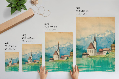 Decoratieve poster Kerk in de bergen, aquarel, vrede, natuur