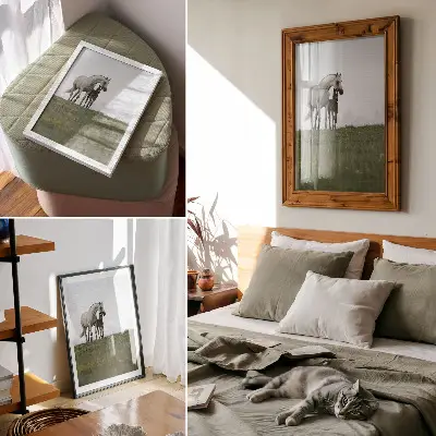 Decoratieve poster met een rustgevend schouwspel van paarden in de natuur