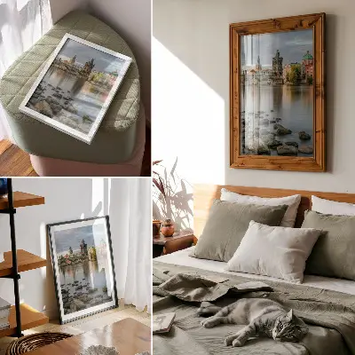 Wandposter pittoresk stadspanorama met een brug over de rivier