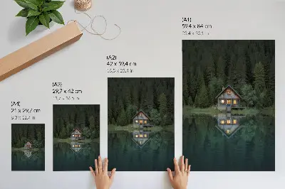 Poster met weerspiegeling van een berghut met uitzicht op de natuur