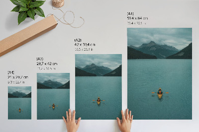 Wandposter Turquoise meer kajakken bergen vredige harmonie