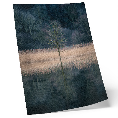 Wandposter Weerspiegeling van een enkele boom in de mist van het meer