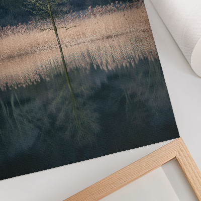 Wandposter Weerspiegeling van een enkele boom in de mist van het meer