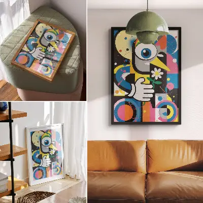 Wandposter geometrische abstractie in levendige kleuren met contrasten