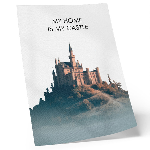 Decoratieve poster Kasteel op een heuvel met mist en tekst