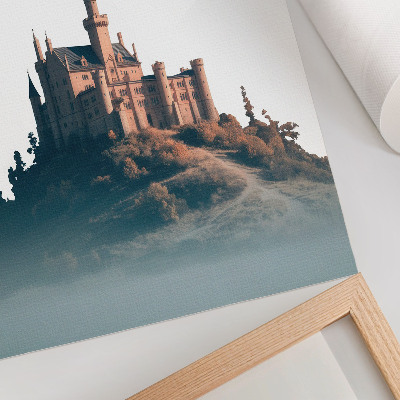Decoratieve poster Kasteel op een heuvel met mist en tekst