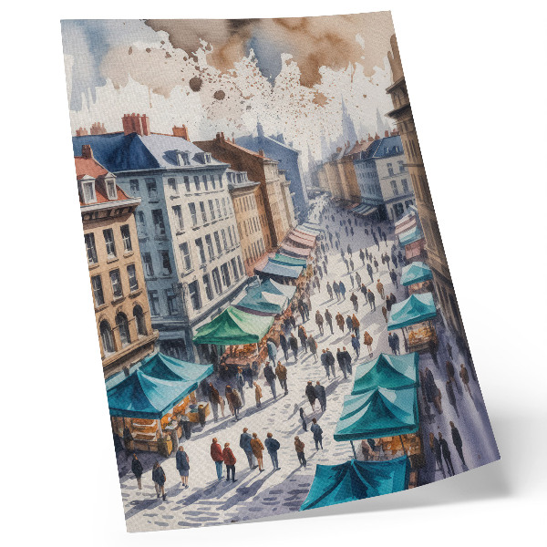 Wandposter Kleurrijk stadsbeeld, mensen, kraampjes, aquarel