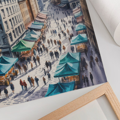Wandposter Kleurrijk stadsbeeld, mensen, kraampjes, aquarel