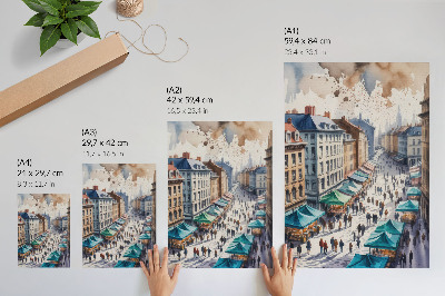 Wandposter Kleurrijk stadsbeeld, mensen, kraampjes, aquarel