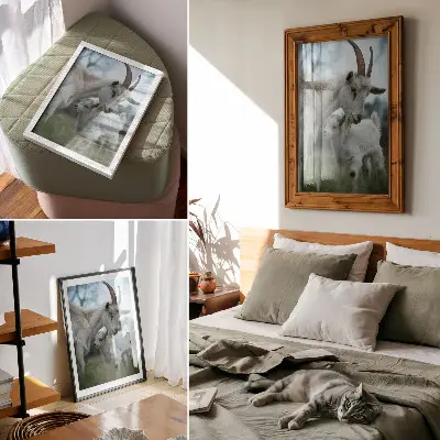 Wandposter met geiten in een rustgevend natuurlandschap
