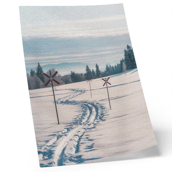 Wandposter Winterlandschap, skipistes, bergen, bomen, lucht